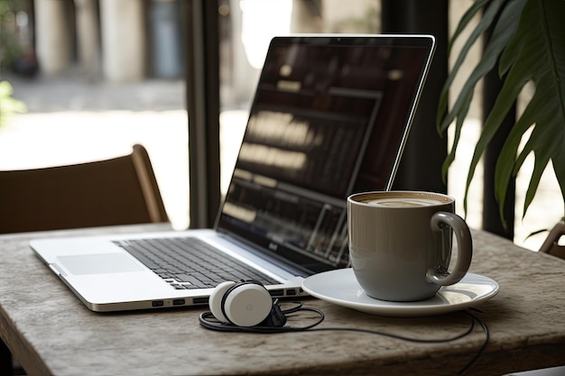 Laptop mit leeren Bildschirmbechern, Kopfhörern und Kaffee auf einem Cafétisch Freiberufliches Büro