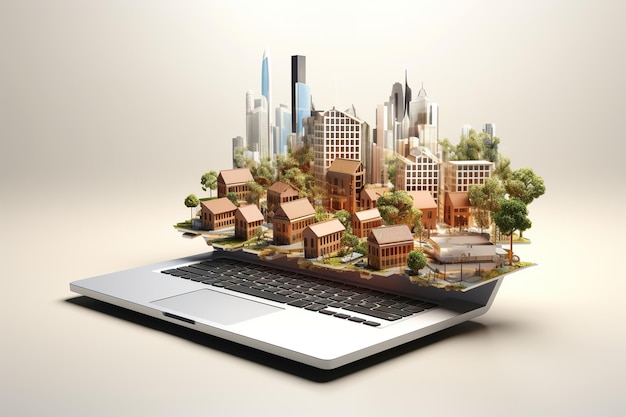 Laptop mit modernen Häusern darauf Konzept der Wohnungssuche Online-Immobilienmakler Miete Wohnungsmarkt Hauskäufer Immobilientechnologie KI generativ
