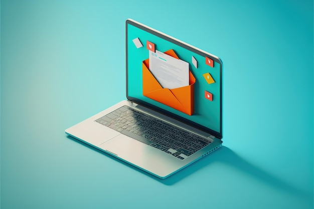 Laptop mit Umschlag auf dem Bildschirm, Konzept zum Senden und Empfangen von E-Mails, blauer Hintergrund, KI