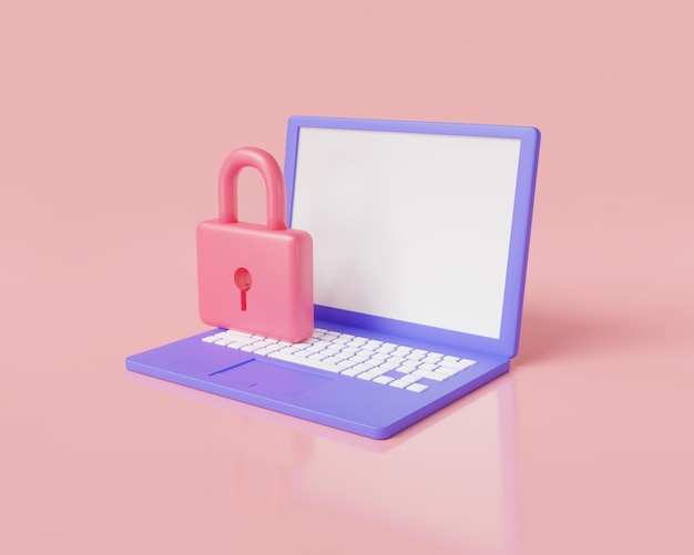 Laptop mit Vorhängeschloss-Symbol Internet Security Shield Lock-Konzept Gesperrter Laptop-Bildschirm Laptop-Schutz Laptop- oder Notebook-Sicherheit Persönliche Datensicherheit 3D-Renderillustration Cartoon minimal