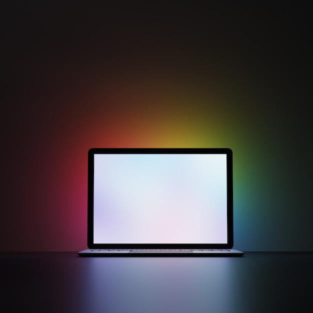 Laptop mit weißem leerem Bildschirm auf dunklem Hintergrund und mehrfarbiger Beleuchtung. Regenbogenbeleuchtung Hintergrund. 3D-Darstellungs-Rendering-Bild.