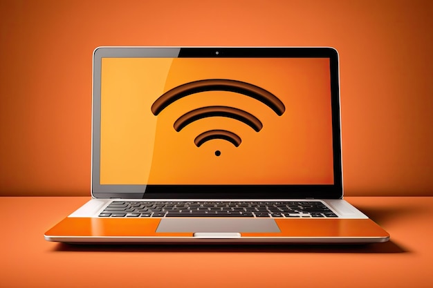 Foto laptop mit wi-fi-signal auf dem bildschirm orange hintergrund technologie konzept generative ki