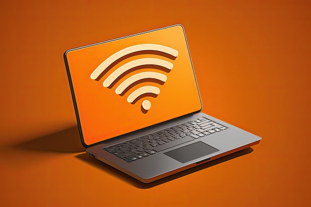 Laptop mit Wi-Fi-Signal auf dem Bildschirm Orange Hintergrund Technologie Konzept Generative KI