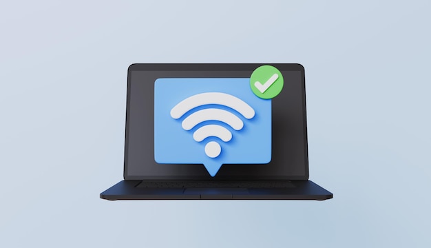 Laptop mit Wi-Fi-Signal und Kontrollzeichen-Symbol Internet-Tethering-Signalsuche erfolgreich