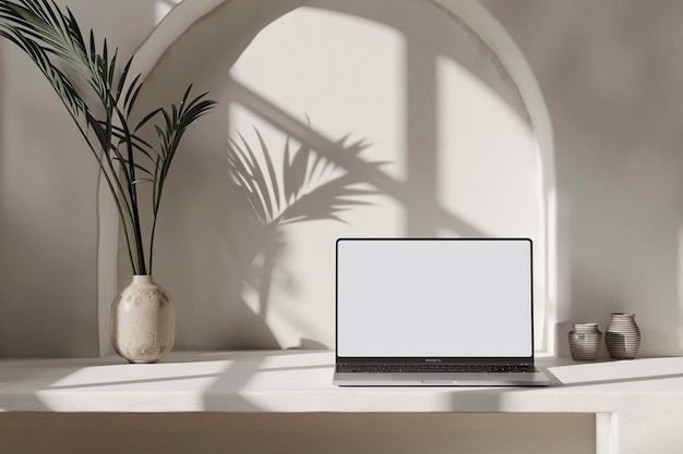 Laptop-Mockup auf minimalistischer Villa-Hinterfläche