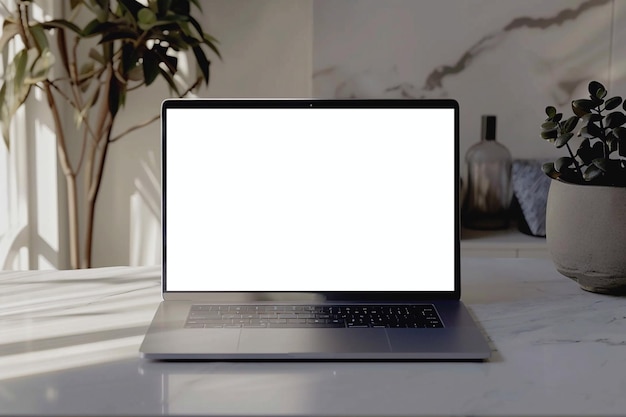 Laptop-Mockup auf minimalistischer Villa-Hinterfläche