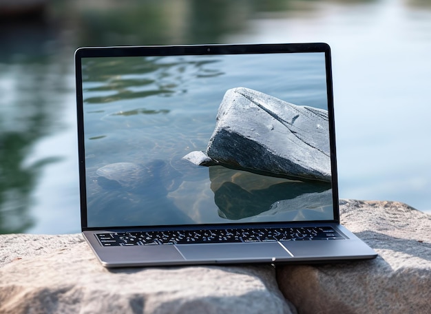 Laptop-Mockup-Vorlage mit Bildschirm und Naturhintergrund