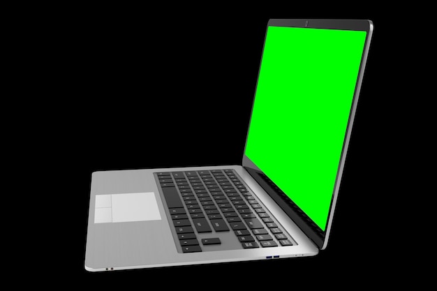 Laptop moderno com tela verde vazia na ilustração 3D de fundo preto