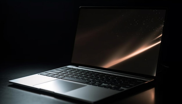 Laptop moderno ilumina escritório escuro conectando comunicações de negócios globais geradas sem fio por IA