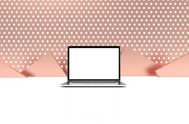 Laptop moderno isolado na ilustração 3d de fundo de ouro rosa