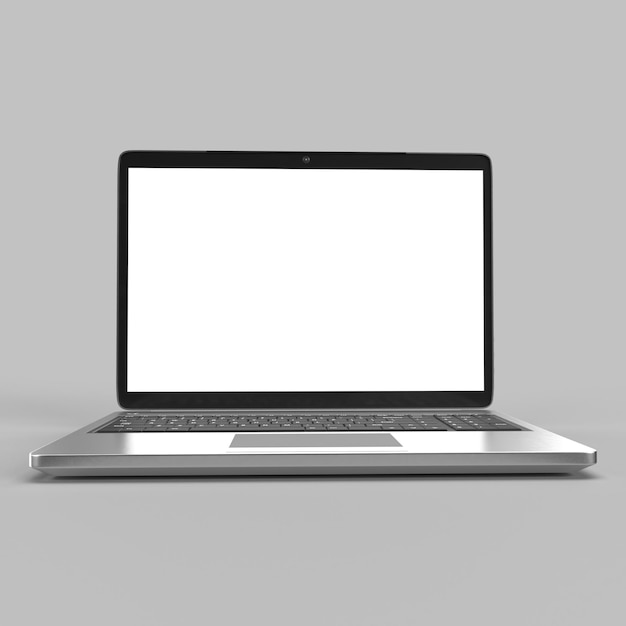 Laptop moderno plateado que muestra una pantalla en blanco sobre un fondo gris