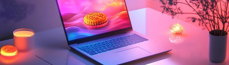 Foto laptop con mooncake y concepto de decoraciones holográficas como un portátil elegante abierto en una superficie blanca w