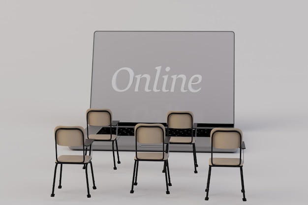 laptop na frente dos locais de trabalho dos alunos em um fundo branco com a inscrição online school