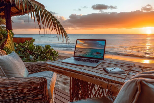 Laptop na mesa da praia lugar de trabalho de um eremita freelancer