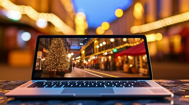 laptop na mesa de café de rua de inverno