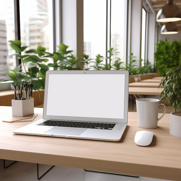 Laptop na mesa em um escritório moderno com vista para a cidade