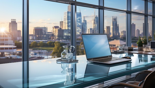 Laptop na mesa no escritório moderno com vista para a cidade