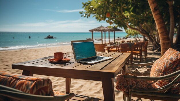 laptop na praia com vista para o mar