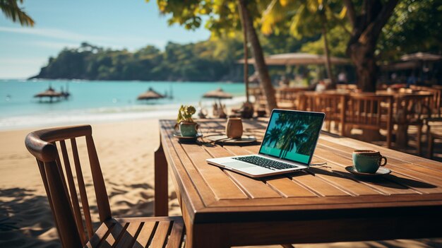 laptop na praia com vista para o mar