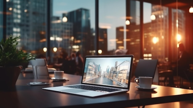 Foto laptop no edifício de escritórios moderno