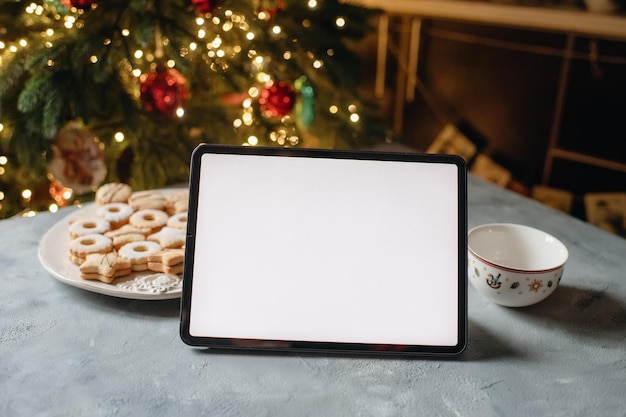 laptop no fundo de uma árvore de Natal, trabalho online nos feriados, dispositivo de maquete