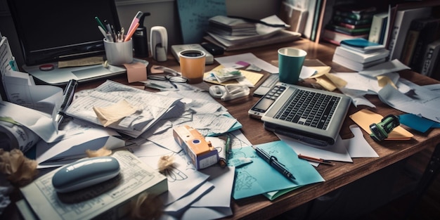 Laptop-Notizen und Büromaterial in Chaos auf dem Schreibtisch