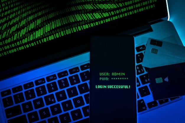 Laptop con números verdes en la pantalla tarjetas de crédito teléfono inteligente que muestra el inicio de sesión exitoso