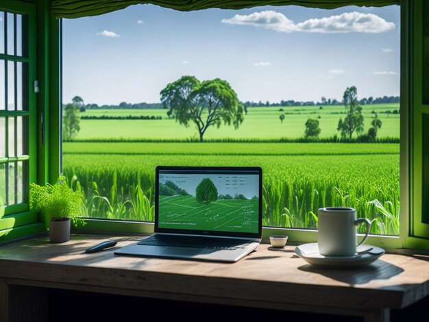 Laptop oder Notebook mit leerem Bildschirm auf einem Holztisch schwarzer Kaffee in einem weißen Kaffeekopfen