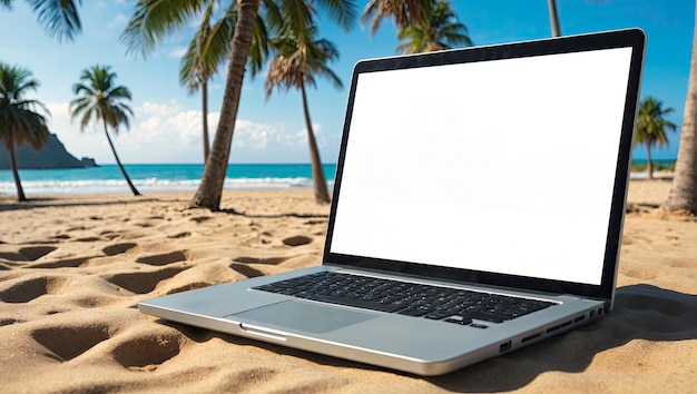 Laptop con pantalla blanca en blanco simulado en una playa tropical con palmeras papel tapiz en una playa de arena