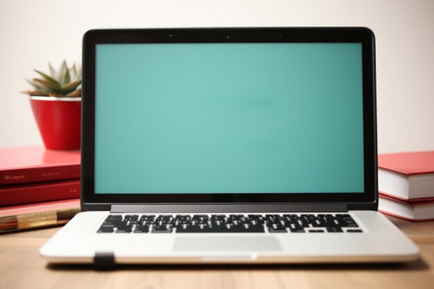 Laptop con pantalla en blanco en un escritorio de madera en una foto de la oficina