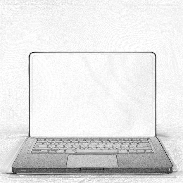 Laptop con pantalla en blanco maqueta de plantilla pantalla de computadora vacía marcador de lugar negro y blanco monocromático ilustración en escala de gris