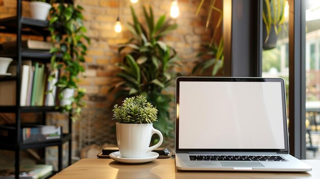 Laptop con pantalla en blanco en una mesa de madera en una oficina moderna