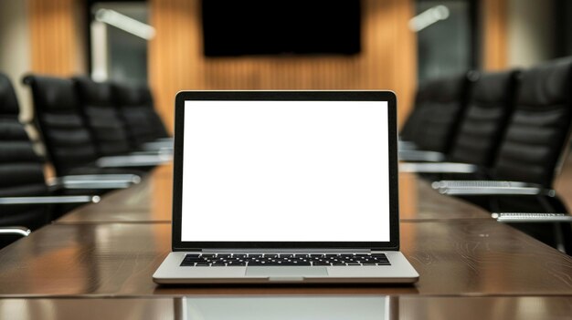 Laptop con pantalla en blanco en una mesa de madera en una sala de conferencias moderna