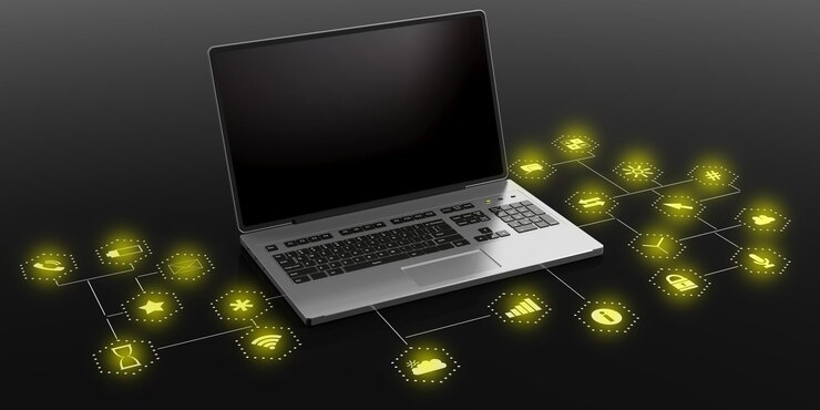 Foto laptop con pantalla en blanco sobre fondo negro con iconos de aplicaciones ilustración 3d