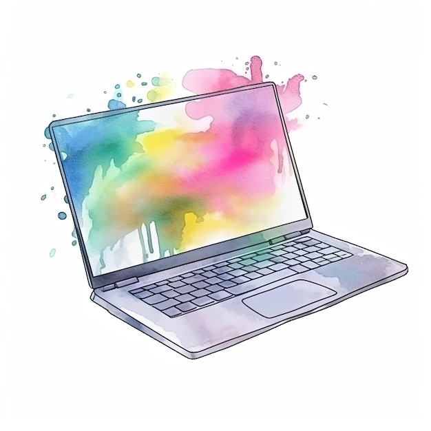 Laptop con una pantalla de colores del arco iris y un fondo de acuarela