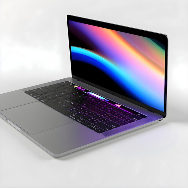 Foto laptop con pantalla colorida en fondo blanco renderización 3d