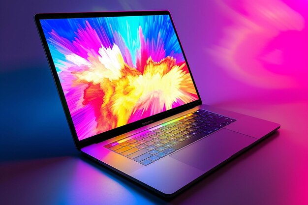 Laptop con pantalla colorida y fondo de color claro 3D generado por IA