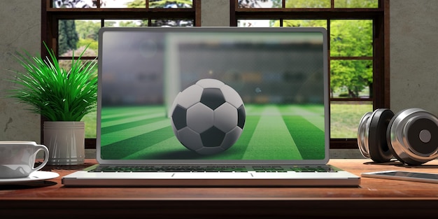 Laptop con pantalla de fútbol en escritorio de madera en casa Hermosa naturaleza borrosa fondo 3d ilustración
