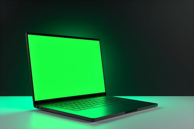 Laptop pantalla verde maqueta neón blanco fondo generativo ai