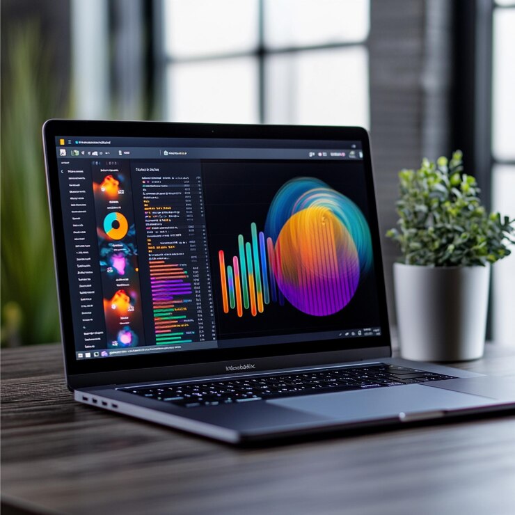 Foto laptop con una pantalla vívida que muestra una presentación profesional