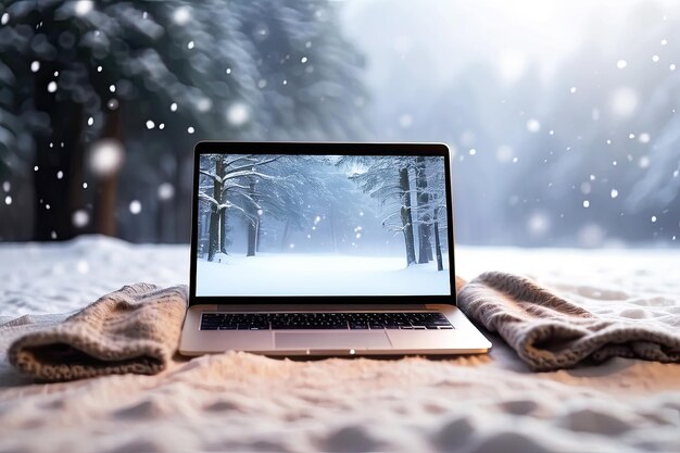 Foto laptop con papel tapiz de paisaje de invierno al aire libre en la nieve con una manta acogedora