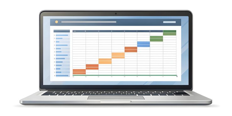 Foto laptop plano brillante con software de marketing y línea de tiempo del proyecto concepto abierto como una toma de cerca de un