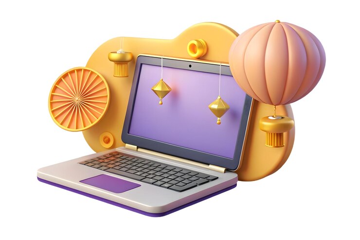 Foto laptop plano com ventilador holográfico e lanternas conceito como um laptop em um fundo branco com holograma