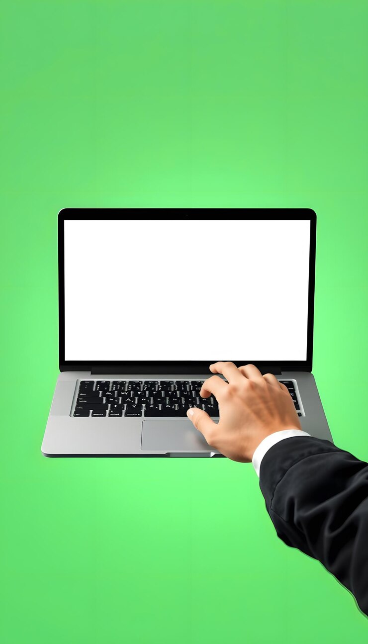 Foto laptop de plantilla de maqueta levitante con pantalla en blanco del teclado con espacio de copia y mano masculina en