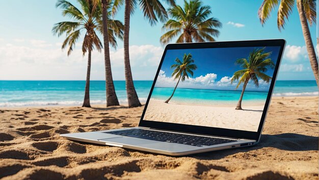 Laptop con playa tropical con palmeras papel tapiz en una playa de arena en el calor en el viaje Trabajo remoto en vacaciones y viajes oficina de casa visitas a Internet resort hotel AI generado