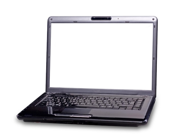 Laptop preto com monitor em branco e fundo branco