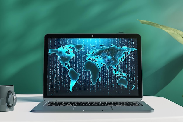 Laptop que muestra un holograma de mapa mundial digital en el escritorio contra un fondo verde Renderización 3D