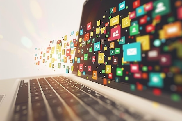 Laptop que muestra iconos de aplicaciones coloridas para la tecnología moderna