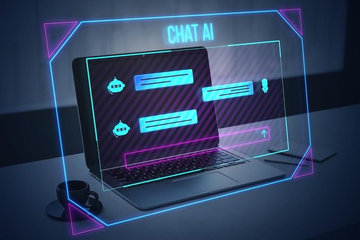 Foto laptop que muestra la interfaz de chatbot con contornos de neón en un fondo oscuro concepto de comunicación de ia rendering 3d