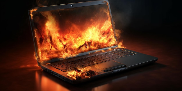 Laptop queimando em chamas em um fundo escuro com IA gerada